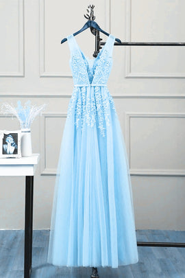 Charming Light Blue V-neckline Tulle Bridesmaid Dress, A-line Prom Dress