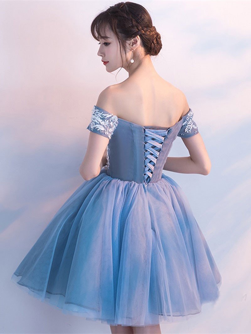 Blue Tulle Party Dress with White Lace, Off Shoulder New Style Homecoming Dresses