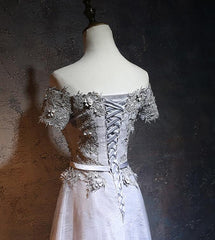 Charming Grey Lace A-line Long Bridesmaid Dress, Grey Party Dress