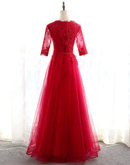 Charming Red Lace 1/2 Sleeves Long Bridesmaid Dress, A-line Tulle Prom Dress