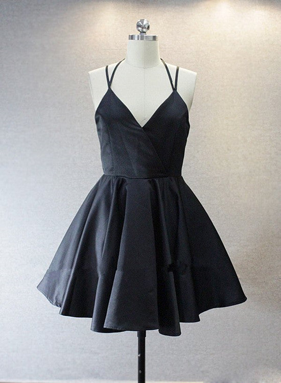 Lovely Black Straps V-neckline Short Homecoming Dresses, Short Prom Dresses, Cute Party Dresses