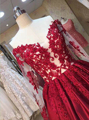 Glam Red Off Shoulder Long Sleeves Satin Prom Gown with Applique, Charming Junior Prom Dress