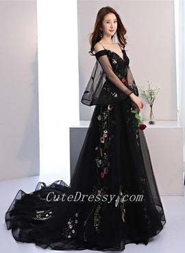 Black Long Puffy Sleeves Tulle with Lace Wedding Party Dresses, Black Floral Prom Dresses