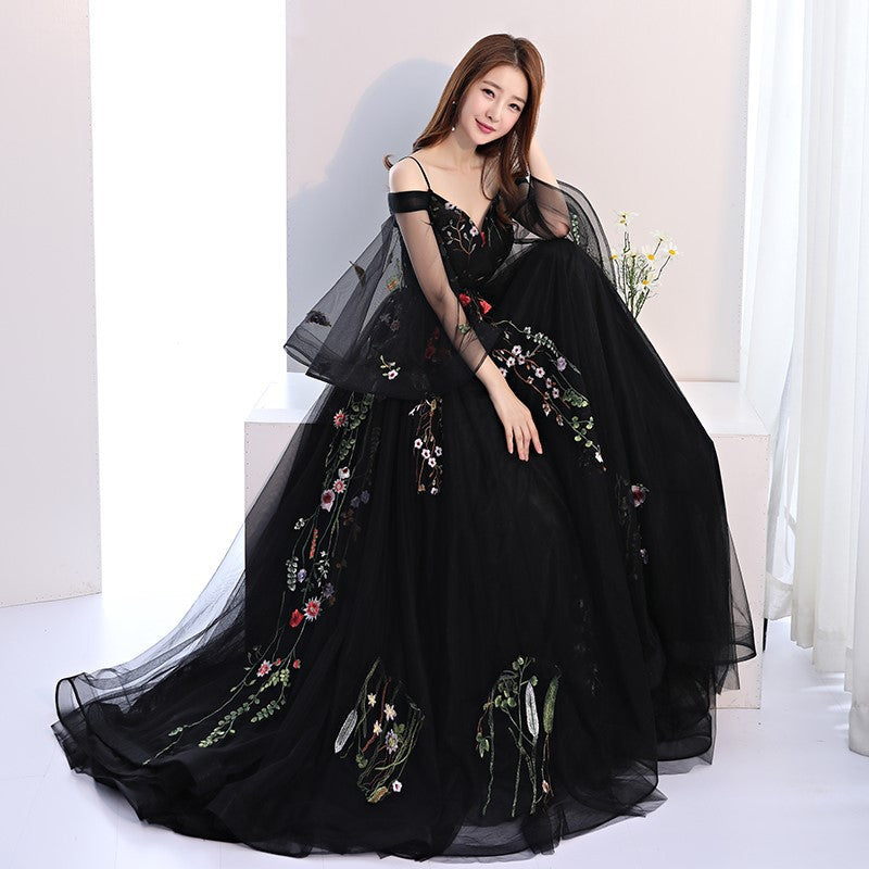 Black Long Puffy Sleeves Tulle with Lace Wedding Party Dresses, Black Floral Prom Dresses Black Long Puffy Sleeves Tulle with Lace Wedding Party Dresses, Black Floral Prom Dresses