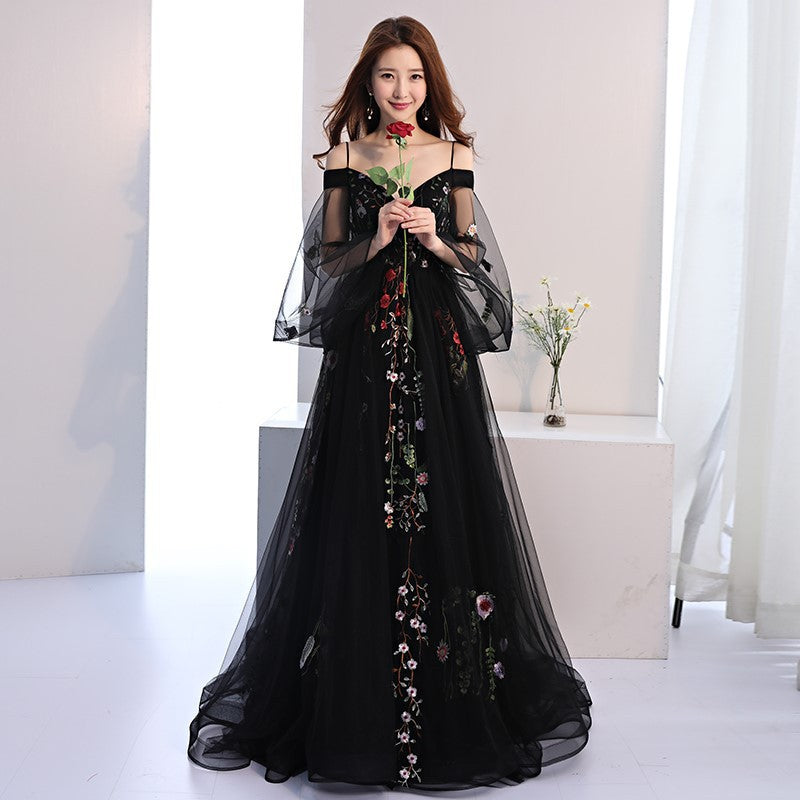 black long puffy dress Fluffy Off the Shoulder Black Tulle Prom Evening Dress Puffy Ball Gown