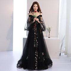 Black Long Puffy Sleeves Tulle with Lace Wedding Party Dresses, Black Floral Prom Dresses