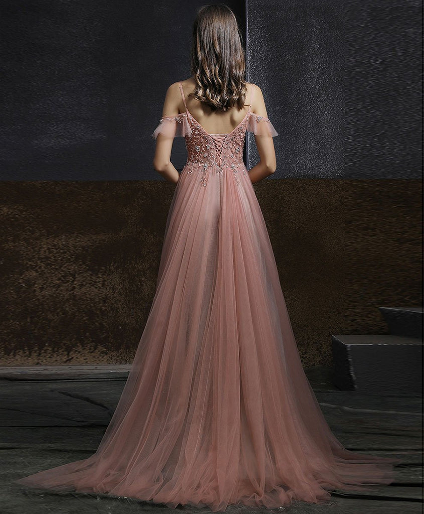 A Line Tulle Backless Sweetheart Red Beaded Long Prom Dresses GJS647