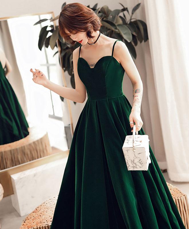 Dark Green V Back Long Velvet Elegant Party Dress, A-line Straps Bride Cutedressy Dark Green V Back Long Velvet Elegant Party Dress, A-line Straps Bride Cutedressy