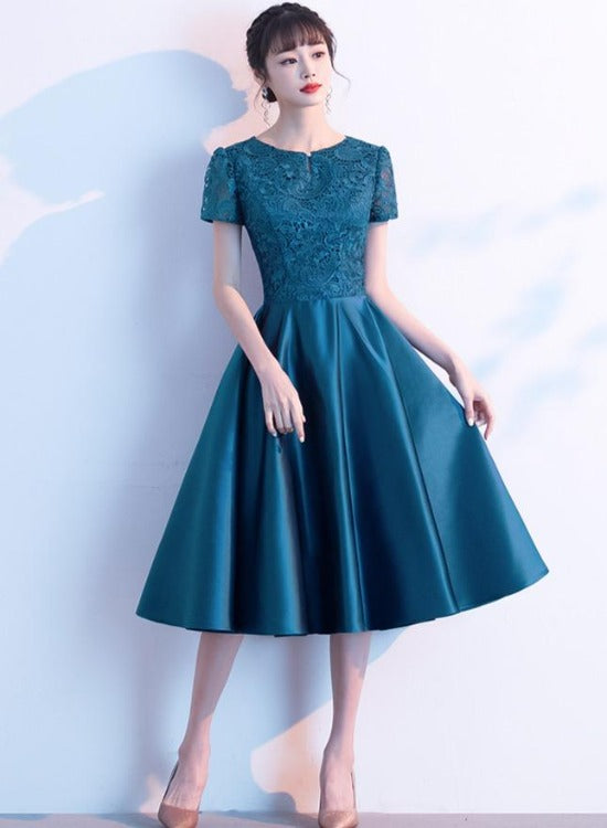 Teal Green Round Neckline Satin with Lace Wedding Party Dresses, Short ...