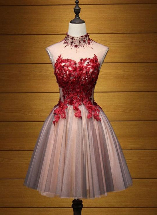 Lovely Halter Beaded and Red Applique Knee Length Formal Dress, Cute Party Dresses, Homecoming Dress