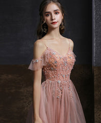 Pink Sweetheart Straps Beaded Long Formal Dress, Pink Tulle A-line V Back Evening Dress Prom Dress