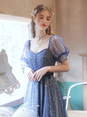Blue A-line Tulle Prom Dress Party Dress, Short Sleeves Long Formal Dress
