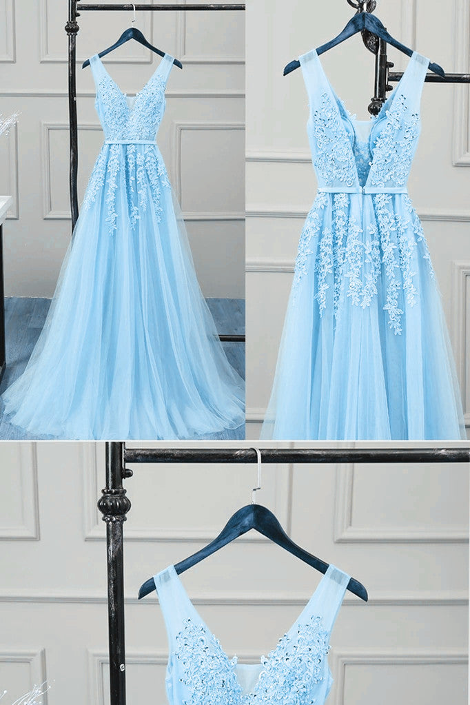 Charming Light Blue V-neckline Tulle Bridesmaid Dress, A-line Prom Dre Cutedressy Charming Light Blue V-neckline Tulle Bridesmaid Dress, A-line Prom Dre Cutedressy