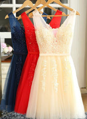 Lovely Tulle Lace Applique Beaded Party Dress, Short Prom Dress