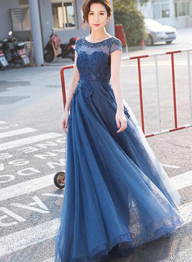 Blue Lace Cap Sleeves Long Evening Dress, A-Line Backless Prom Dress