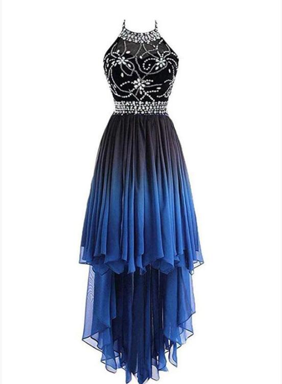 Beautiful Beaded High Low Chiffon Gradient Party Dress, Blue Homecoming Dress