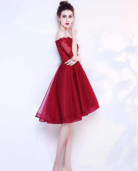 Wine Red Tulle Short Sleeves Tea Length Party Dress with Lace, Dark Re –  Cutedressy
