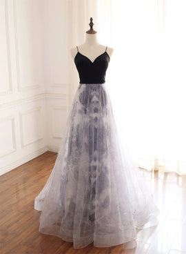 Black Straps Sweetheart Tulle Long Party Dress, Evening Gowns Graduation Dress