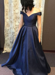 Charming Navy Blue Satin Off Shoulder Formal Dress , Satin Evening Gown