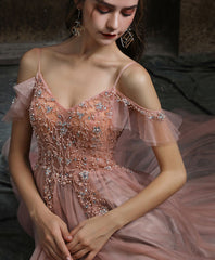 Pink Sweetheart Straps Beaded Long Formal Dress, Pink Tulle A-line V Back Evening Dress Prom Dress