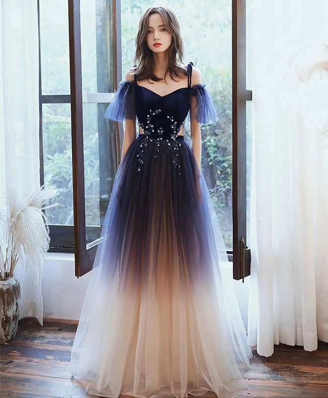 Cute A-line Off Shoulder Gradient Tulle Long Party Dress, New Prom Dress