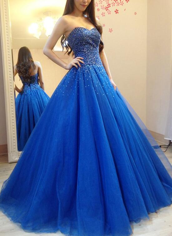 Royal Blue Tulle Beaded and Sequins Ball Gown, Blue Formal Gowns, Party Gowns
