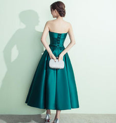 Dark Green Tea Length Bridesmaid Dress, High Quality Prom Dress