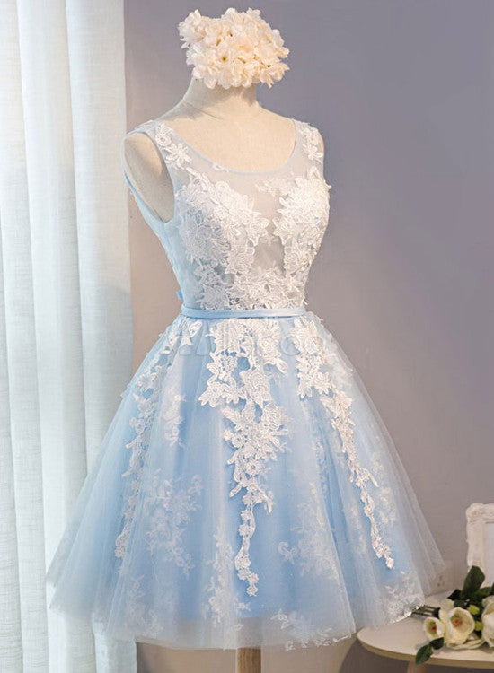 Blue Simple Tulle Homecoming Dress Lace Applique, Baby Blue Sash Backless A Line Knee Length Formal Dress