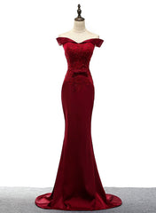 Red Satin Mermaid Long Evening Party Dress, Off Shoulder Women Formal Gowns, Prom Dress
