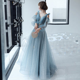 Lovely Blue Long Sleeves Tulle Long Wedding Party Dresses, Blue Prom Dresses