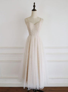Light Champagne Lace Straps Sweetheart Party Dress Formal Dress, Tea Length Wedding Party Dress