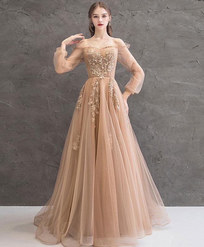 Charming Tulle Pink/Champagne Long Sleeves Junior Party Dress, A-line Formal Dress Evening Dress