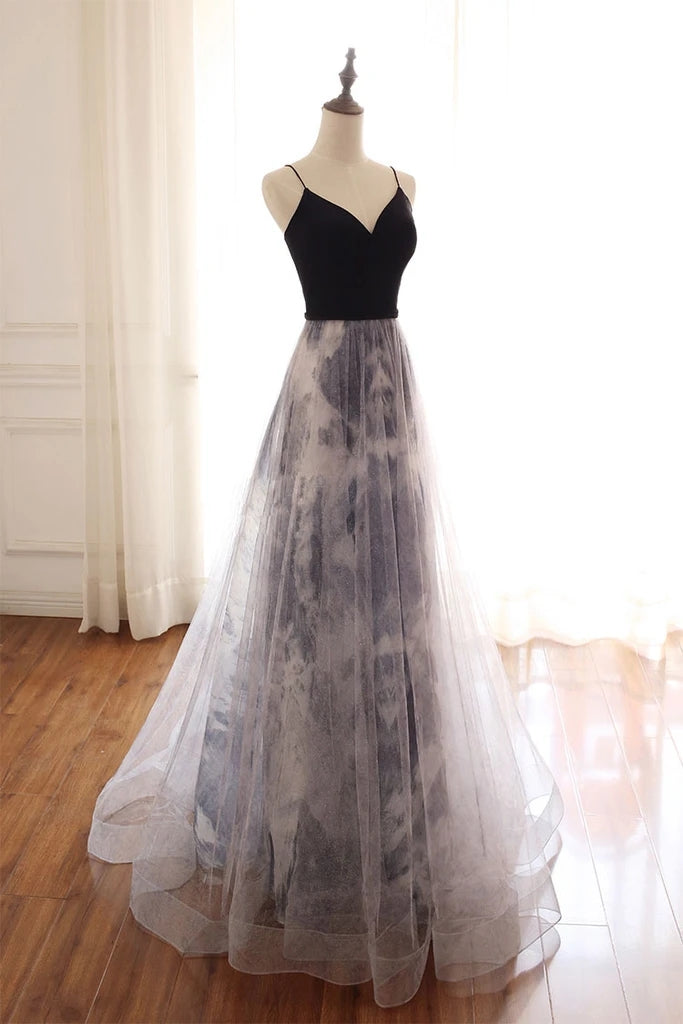 Black Straps Sweetheart Tulle Long Party Dress, Evening Gowns Graduation Dress