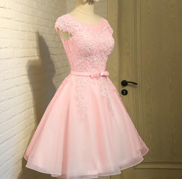 Cute Pink Round Neckline Tulle Party Dress, Pink Cap Sleeves Formal Dr ...