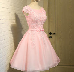 Cute Pink Round Neckline Tulle Party Dress, Pink Cap Sleeves Formal Dress