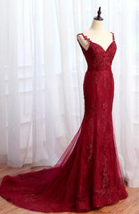 Charming Mermaid Lace Burgundy Prom Dress, Tulle Long Evening Dress