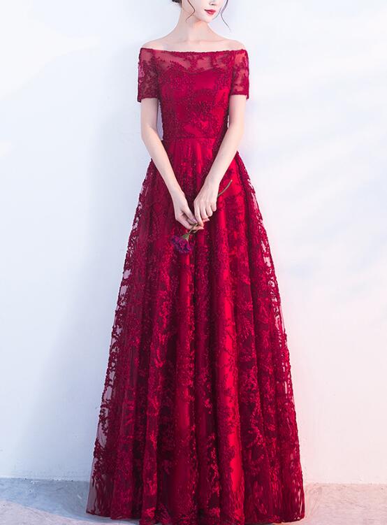 dark red lace prom dress