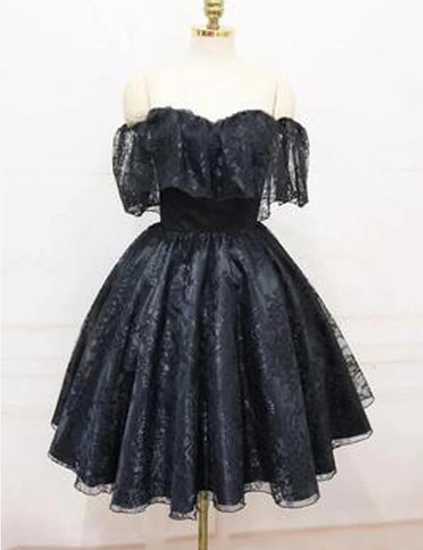 Lovely Black Off Shoulder Lace Short Party Dress, Black Homecoming Dress