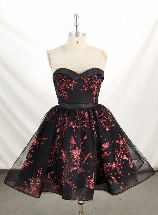 Cute Black Lace Floral Short Party Dress , Black Homecoming Dress