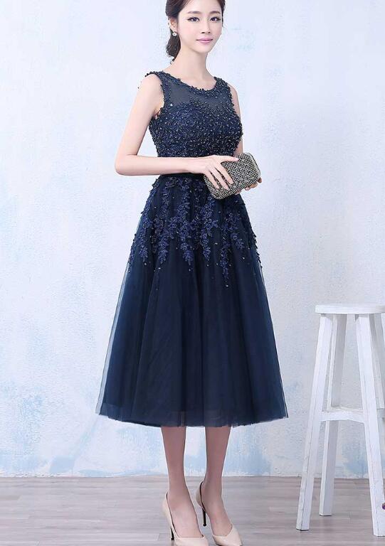 Elegant Vintage Style Tea Length Bridesmaid Dress, Navy Blue Party Dress