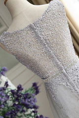 Beautiful Light Grey Lace and Tulle Long Party Dress, A-line Prom Dress