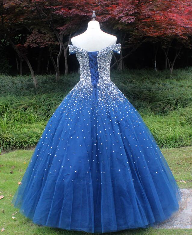 Beautiful Sweetheart Tulle Blue Beaded Formal Dress, Blue Sweet 16 Gown