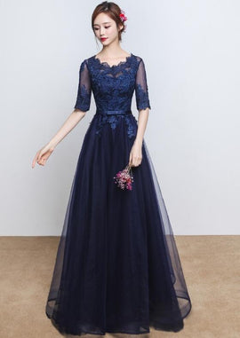 Beautiful Navy Blue Tulle Long Bridesmaid Dress, A-line Party Dress