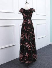 Elegant Cap Sleeves Floral Black Party Dress, A-line Prom Dress