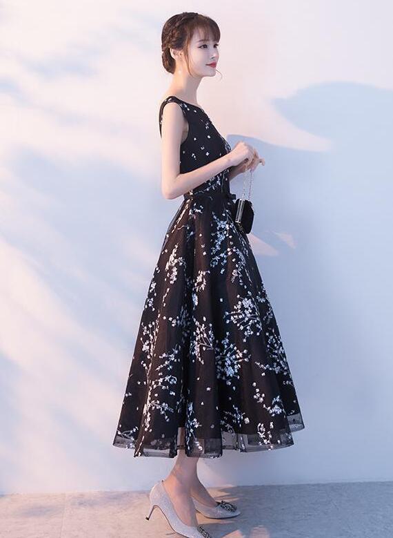 Black Floral Tea Length Evening Party Dress, Black Formal Dress Cutedressy Black Floral Tea Length Evening Party Dress, Black Formal Dress Cutedressy