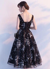 Black Floral Tea Length Evening Party Dress, Black Formal Dress