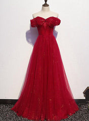 Beautiful Dark Red A-line Off Shoulder Prom Gown, Wine Red Party Dress