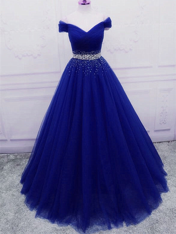 Elegant Royal Blue Tulle Sequins Prom Dress 2020, A-line Long Party Dress