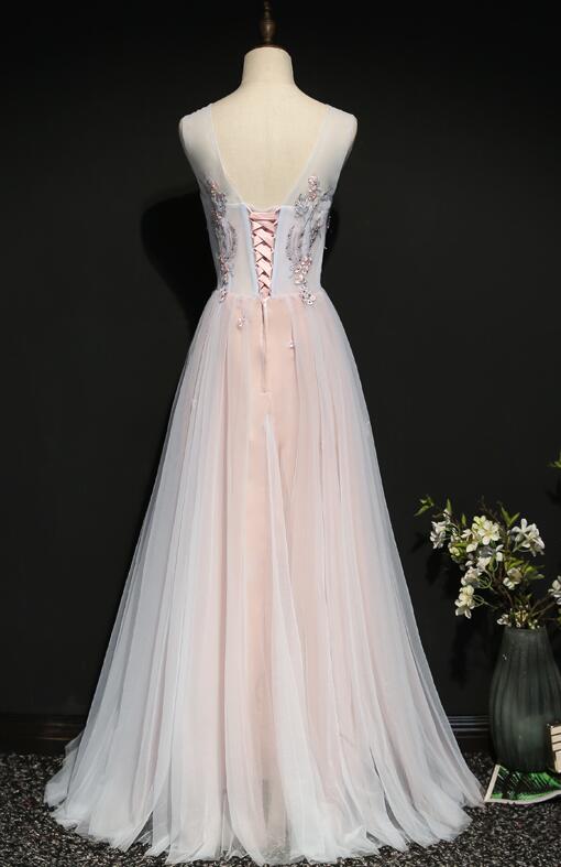 Light Pink Floral Tulle A-line Prom Dress 2020, Long Party Dress