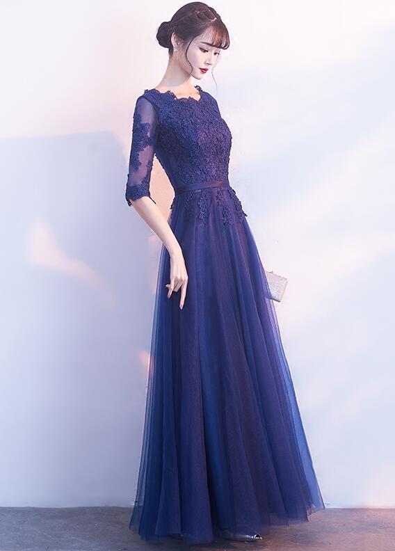 Charming Navy Blue Tulle Long Party Dress, A-line Bridesmaid Dress ...